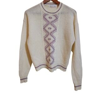 Northern Isles Womens Large Sweater‎ Cream Purple Knit Diamond Pattern Crew Neck